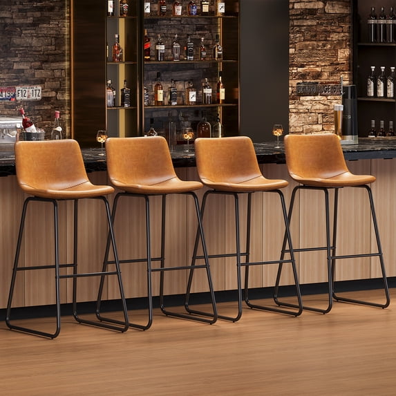 Aufeile 30" Counter Height Bar Stools Set of 3 – Modern Faux Leather Barstools with Back & Metal Legs, Kitchen Bar Chairs for Island, Dining Room, Whiskey Brown