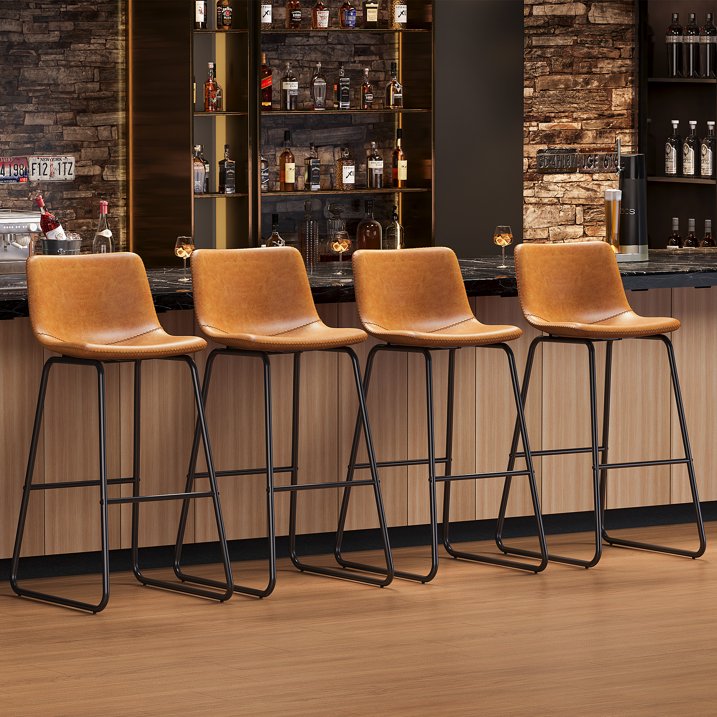 Aufeile 30" Counter Height Bar Stools Set of 2 – Modern Faux Leather Barstools with Back & Metal Legs, Kitchen Bar Chairs for Island, Dining Room, Whiskey Brown
