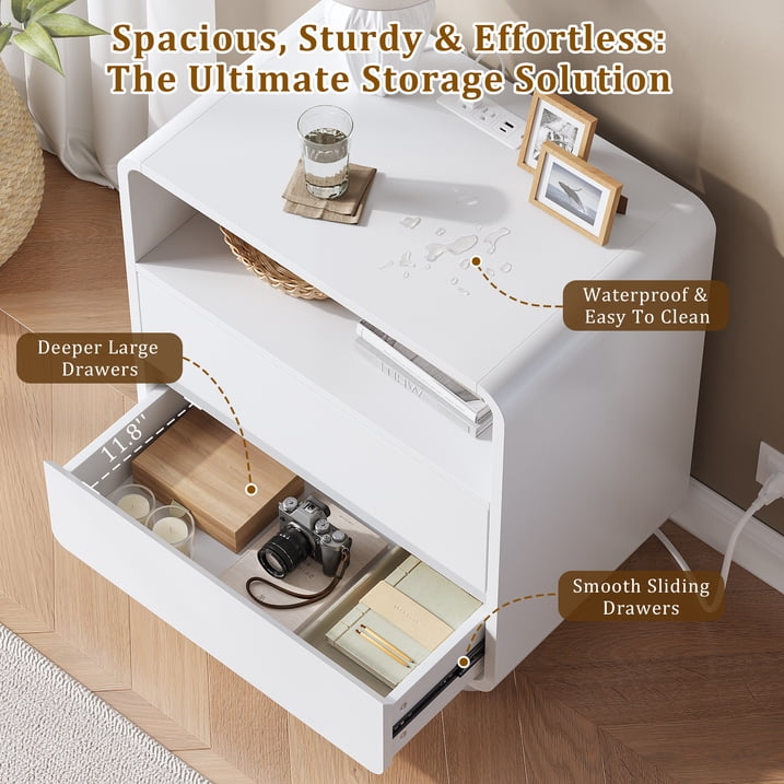Aufeile Curved Wood End Table with Charging Station, 23.6" Large Side Table with 2 Drawers & Storage Shelf, Modern Accent End Table for Living Room or Bedroom, White