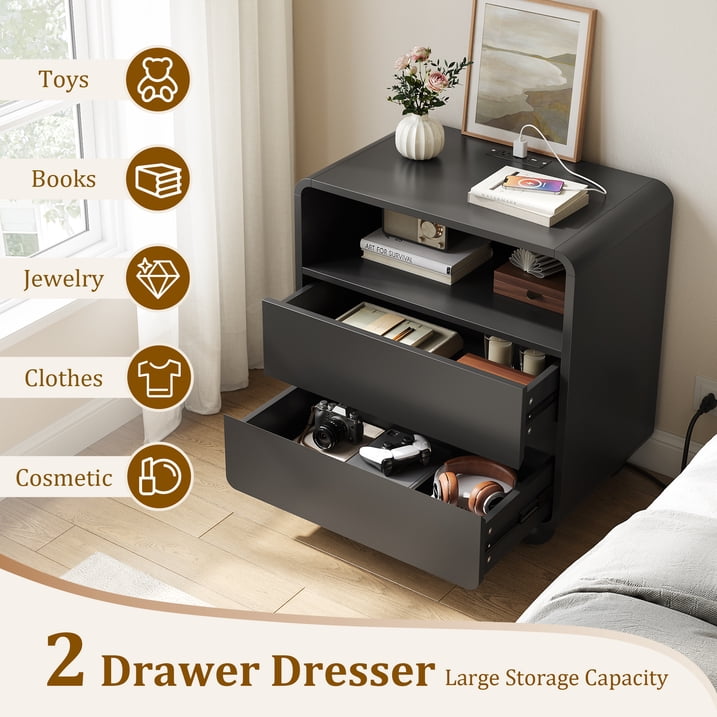 Aufeile Modern Curved Nightstand with Charging Station, 23.6" Wide Bedside Table with 2 Drawers & Open Shelf, Wooden Night Stand with USB & Type-C Ports for Bedroom or Living Room, Black