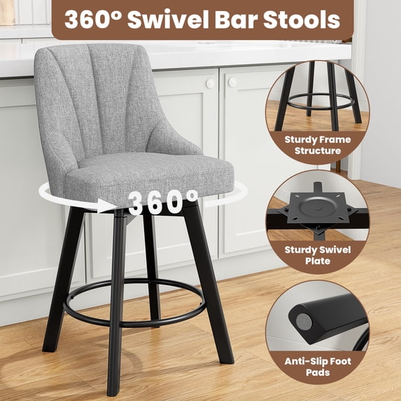 Aufeile Modern Swivel Bar Stools, 24" Counter Height Kitchen Island Chairs with Back, Fabric Upholstered Barstools, Light Gray Set of 2