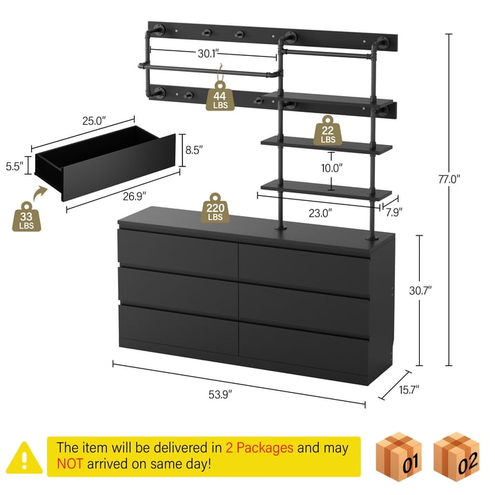 Aufeile 6 Drawer Dresser for Bedroom, 77" Tall Chest of Drawers with Hanging Rack, Industrial Wood Bedroom Dresser, Large Drawer Dresser Closet Organizer for Adults, Black