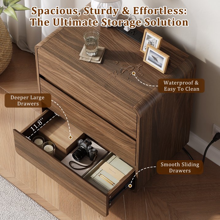 Aufeile Nightstand for Bedroom with Charging Station, 23.6" Wide Bedside Table with 3 Drawers & Open Shelf, Curved Wood Night Stand for Bedroom or Living Room, Walnut