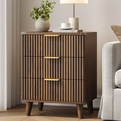 Aufeile 3 Drawer Nightstand with Charging Station, Modern Wood Night Stand for Bedroom, Bedside Table with Wave Panel, Wood Sofa Side End Table for Bedroom, Living Room, Walnut
