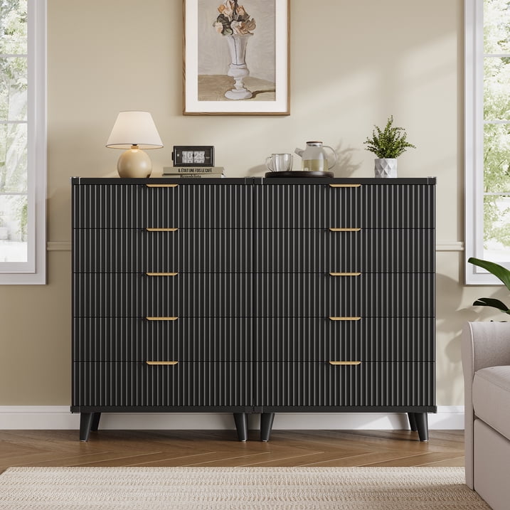 Aufeile 39.4" Tall Dresser for Bedroom, 5 Drawer Fluted Wood Dresser, Modern Chest of Drawers with Wave Panel, Slim Storage Cabinet for Small Spaces, Black