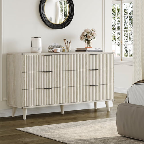 Aufeile 3 Piece Dresser and Nightstand Set for Bedroom, Boho 6 Drawer Dresser & 2 Nightstands with USB Charging, Fluted Wood Storage Cabine, Modern Bedroom Furniture Set, White Oak
