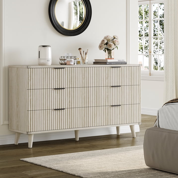 Aufeile 3 Piece Dresser and Nightstand Set for Bedroom, Boho 6 Drawer Dresser & Nightstands Set of 2 with 3 Drawers & USB Charging, Fluted Wood Storage Cabine, Modern Bedroom Furniture Set, White Oak