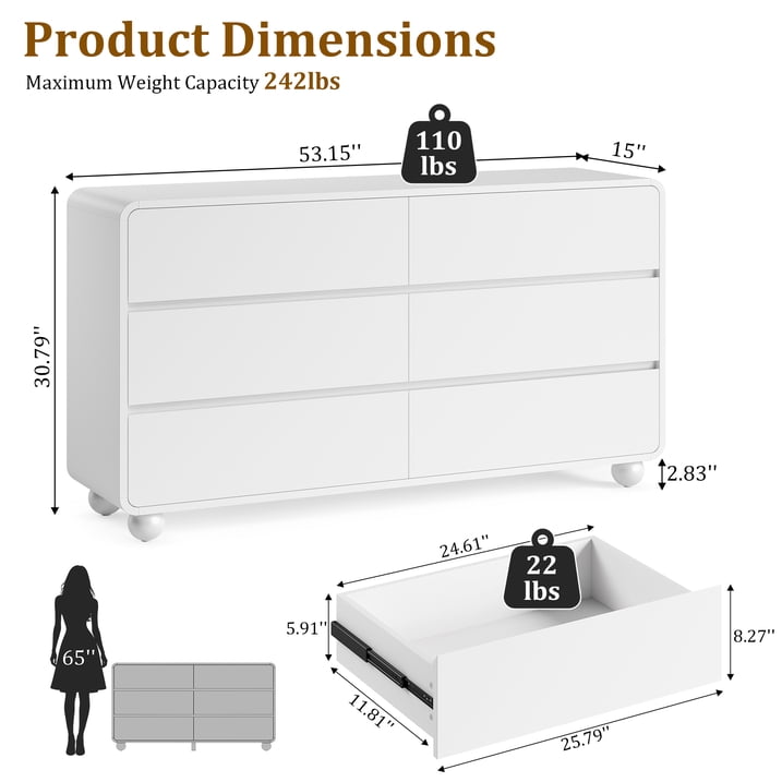 Aufeile Dresser for Bedroom, 6 Drawer Dresser & Chest of Drawers, 53" Modern Chest of Drawers with Curved Profile Design, Wood Dresser Storage Organizer for Adults, White