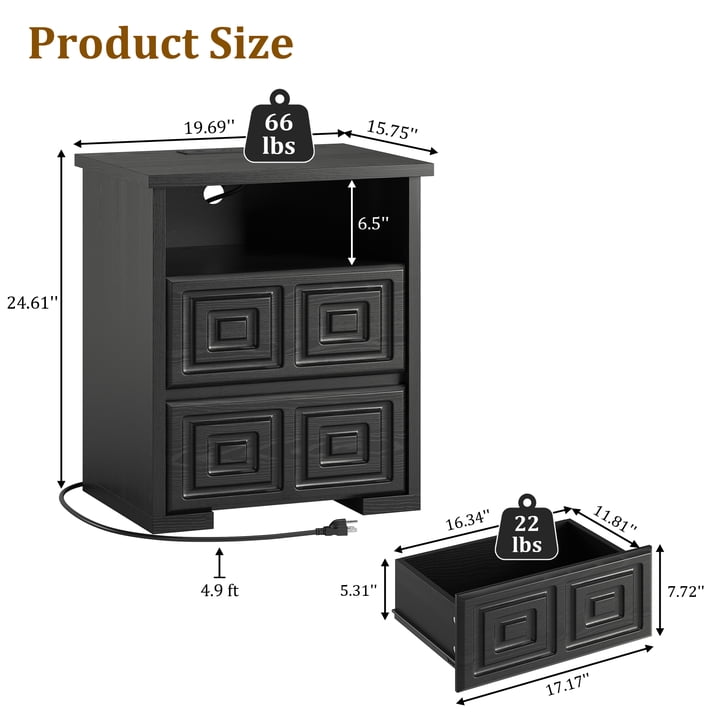 Aufeile Dresser and Nightstand 3 Piece Set - Includes Double 6 Drawer Farmhouse Dresser, Nightstand Set of 2 with Charging Station, Vintage Bedroom Set, Black