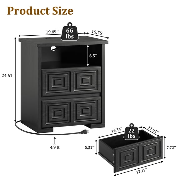 Aufeile Farmhouse Nightstand Set of 2, Rustic Sofa Side Table with USB & AC Outlets for Bedroom, End Tables with 2 Drawers for Living Room, Black