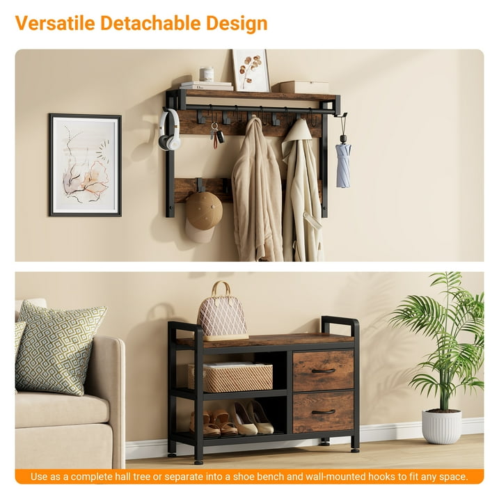 Aufeile Hall Tree with Bench, 6-in-1 Entryway Storage Organizer with Shoe Rack, 17 Hooks, 2 Drawers, Hanging Rod & Top Shelf, Industrial Coat Rack for Hallway, Living Room, Brown