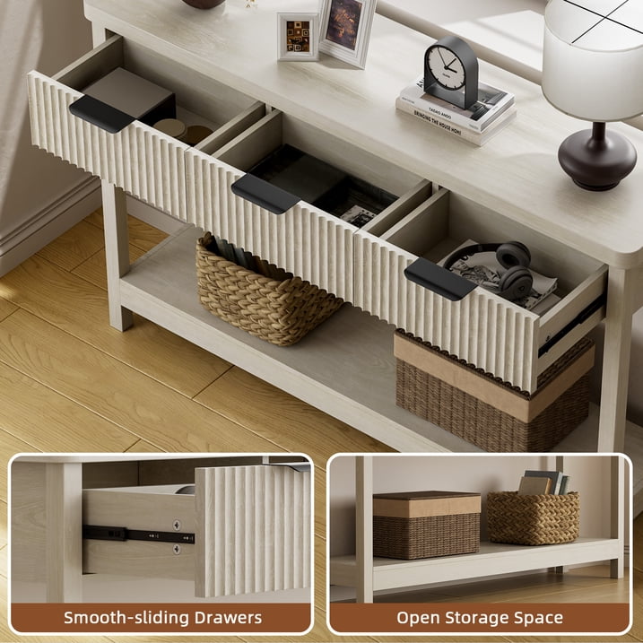 Aufeile 51" Console Table for Entryway, Fluted Entryway Table with 3 Storage Drawers and Open Shelf, Narrow Couch Sofa Table for Living Room Hallway Entrance Foyer, White Oak