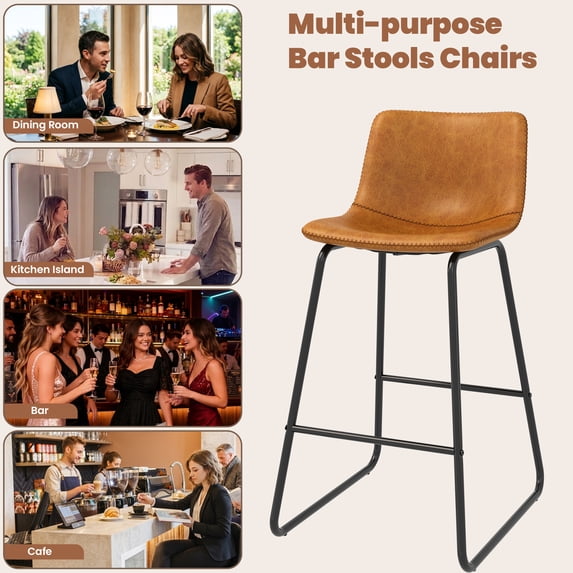 Aufeile 26" Counter Height Bar Stools Set of 3 – Modern Faux Leather Barstools with Back & Metal Legs, Kitchen Bar Chairs for Island, Dining Room, Whiskey Brown