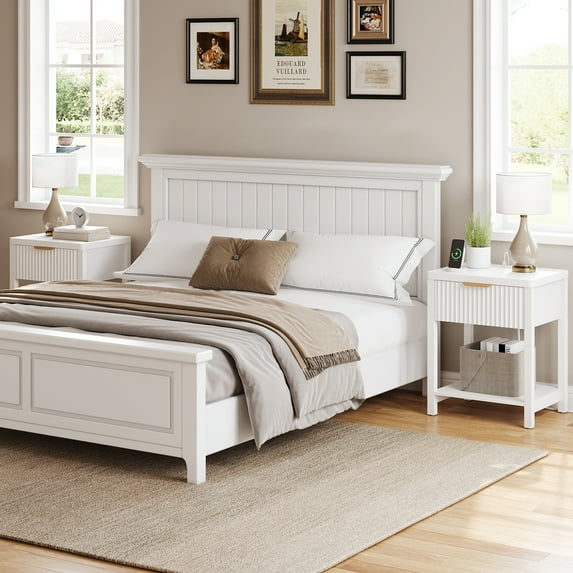 Aufeile Fluted Nightstand with Charging Station, Modern Bedside Table with Drawer & Open Shelf, End Table with 2 AC Outlets, USB & Type-C Ports for Bedroom or Living Room, White