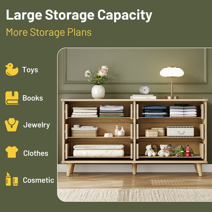 Aufeile 4 Piece Boho Dresser Set for Bedroom, 6 Drawer Dresser, 5 Drawer Tall Dresser & 2 Nightstands with 3 Drawers & USB Charging, Fluted Wood Bedroom Furniture Set, Natural
