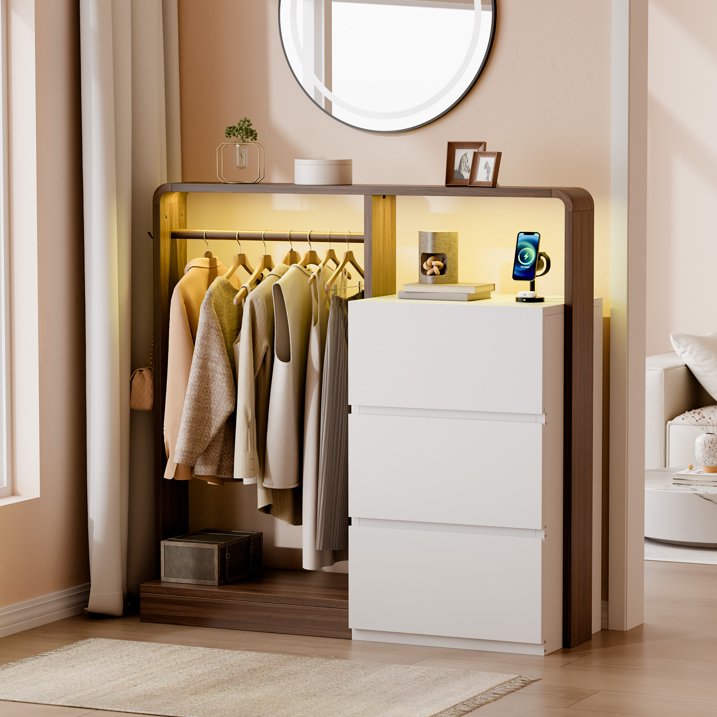 Aufeile Dresser for Bedroom, 3 Drawer Dresser with Hanging Rod, LED Lights & Charging Station, Modern Wood Storage Dresser Chest for Bedroom, Closet, Entryway, White