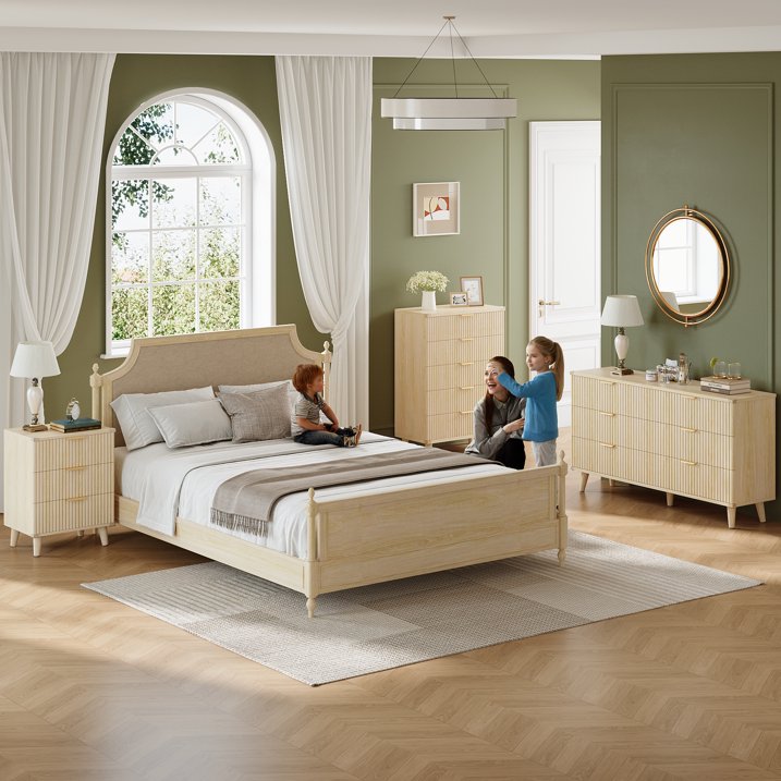 Aufeile 4 Piece Boho Dresser Set for Bedroom, 6 Drawer Dresser, 5 Drawer Tall Dresser & 2 Nightstands with 3 Drawers & USB Charging, Fluted Wood Bedroom Furniture Set, Natural