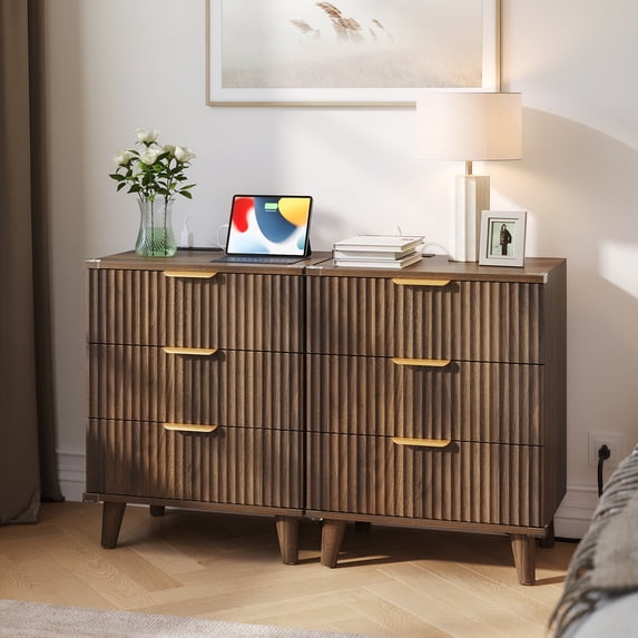 Aufeile 3 Drawer Nightstand with Charging Station, Modern Wood Night Stand for Bedroom, Bedside Table with Wave Panel, Wood Sofa Side End Table for Bedroom, Living Room, Walnut