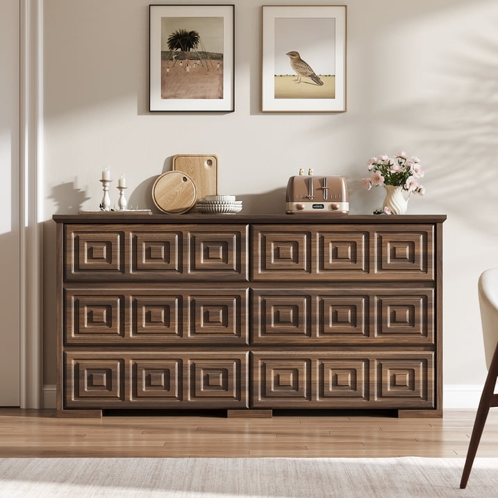 Aufeile Farmhouse Dresser for Bedroom, 54" Wide 6 Drawer Dresser with Carved Panels, Rustic Wooden Chest of Drawers, Long Bedroom Dresser Storage Cabinet for Living Room, Walnut
