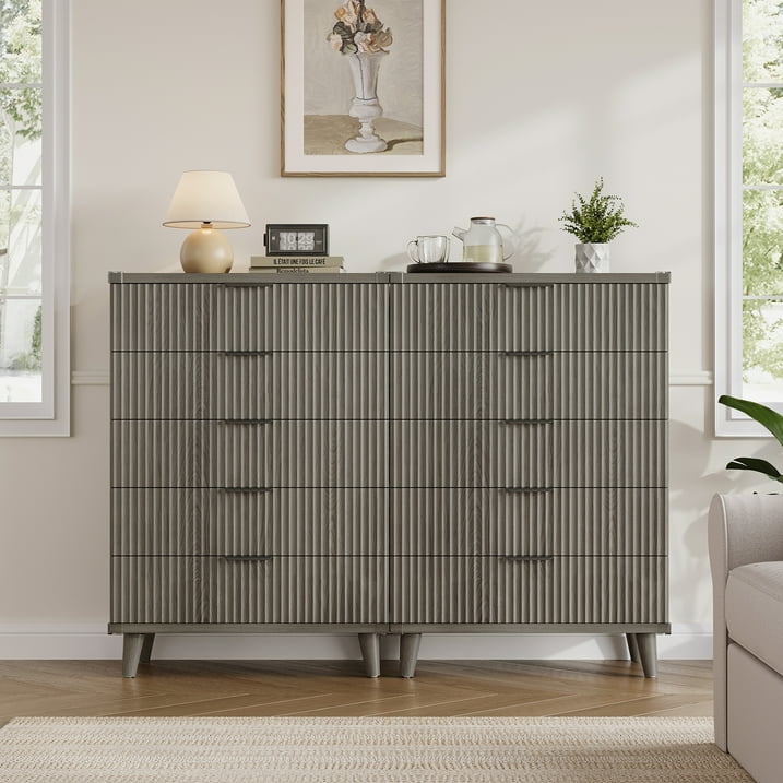 Aufeile 5 Drawer Tall Dresser for Bedroom, Fluted Chest of Drawers with Wave Panel Design & Metal Handles, Slim Wood Storage Dresser for Closet for Apartment & Small Spaces, Dark Grey Oak