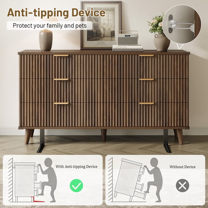 Aufeile 4 Piece Boho Dresser Set for Bedroom, 6 Drawer Dresser, 5 Drawer Tall Dresser & 2 Nightstands with & USB Charging, Fluted Wood Bedroom Furniture Set, Walnut