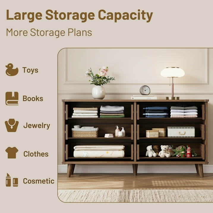 Aufeile 3 Piece Dresser and Nightstand Set for Bedroom, Boho 6 Drawer Dresser & 2 Nightstands with USB Charging, Fluted Wood Storage Cabine, Modern Bedroom Furniture Set, Walnut
