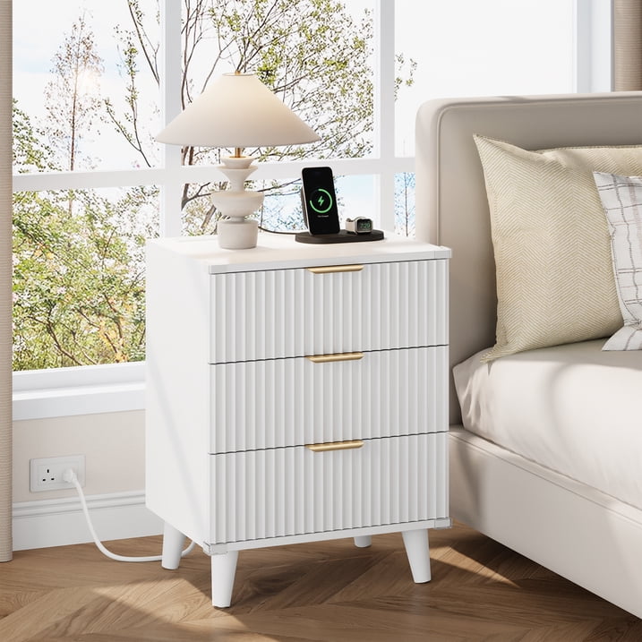 Aufeile 3 Piece Dresser and Nightstand Set for Bedroom, Boho 6 Drawer Dresser & Nightstands Set of 2 with 3 Drawers & USB Charging, Fluted Wood Storage Cabine, Modern Bedroom Furniture Set, White