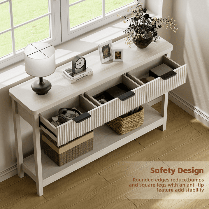 Aufeile 51" Console Table for Entryway, Fluted Entryway Table with 3 Storage Drawers and Open Shelf, Narrow Couch Sofa Table for Living Room Hallway Entrance Foyer, White Oak