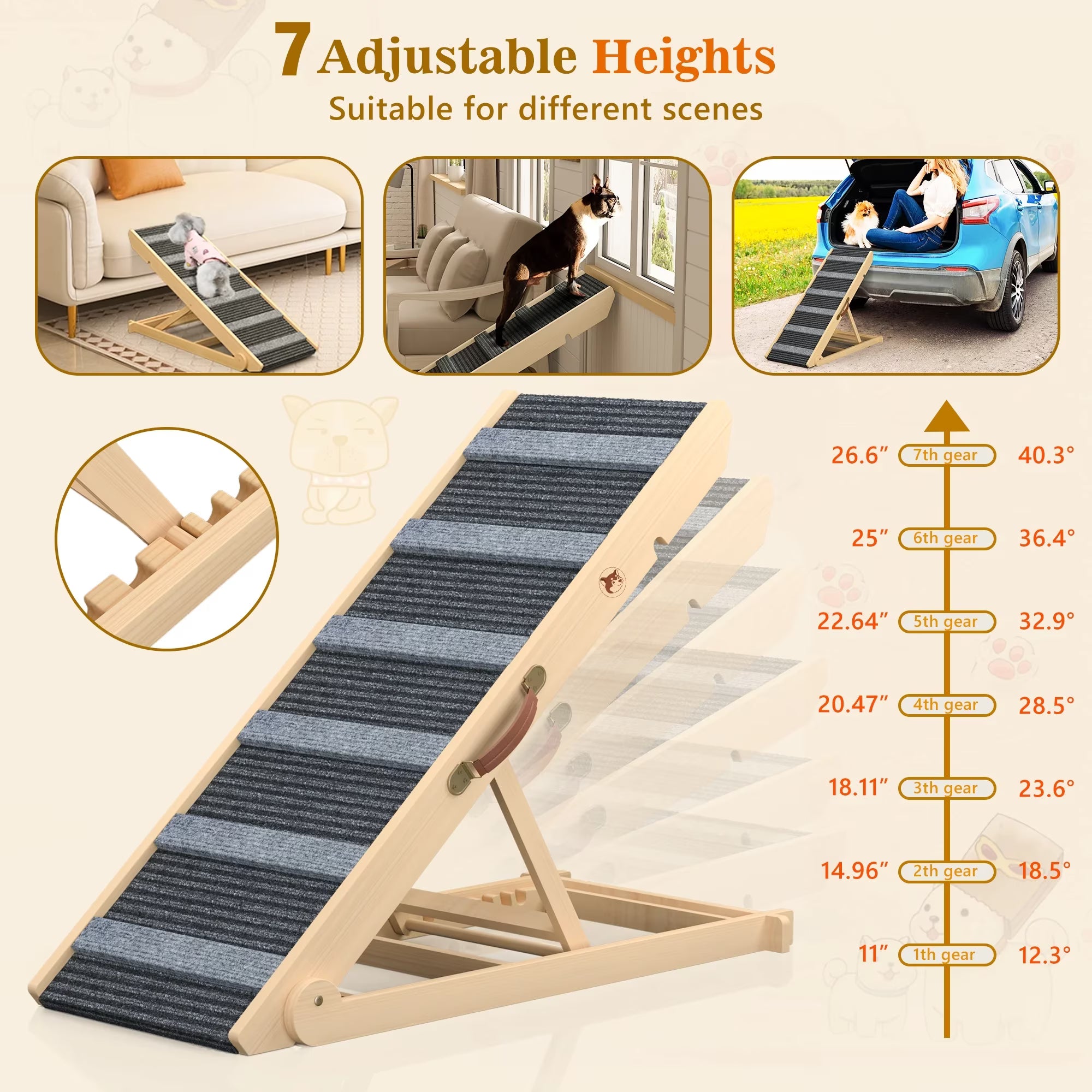 Aufeile Wooden Pet Ramp for Dogs & Cats with Non-Slip Carpet