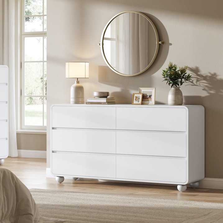 Aufeile Dresser for Bedroom, 6 Drawer Dresser & Chest of Drawers, 53" Modern Chest of Drawers with Curved Profile Design, Wood Dresser Storage Organizer for Adults, White