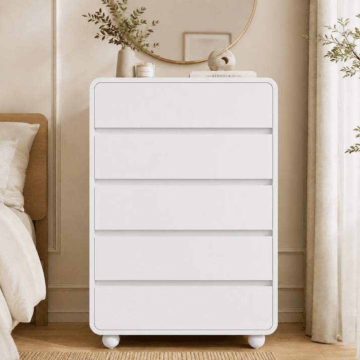 Aufeile 5 Drawer Dresser for Bedroom, 41" Tall Wood Chest of Drawers with Curved Design, Modern Vertical Storage Cabinet for Bedroom, Living Room & Entryway, White