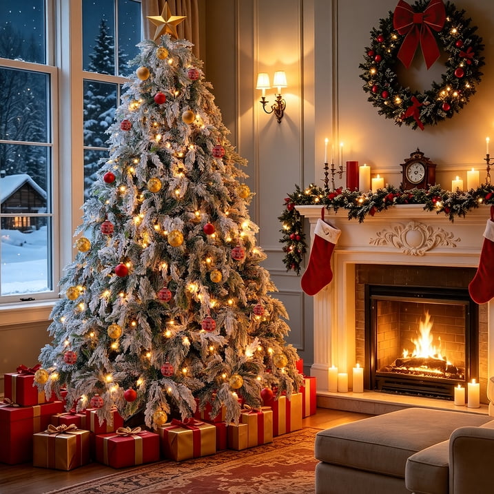 Aufeile 6FT Flocked Pre-Lit Christmas Tree, 300 LED Lights Artificial Xmas Tree with 2280 PE & PVC Tips, Home and Party Decor