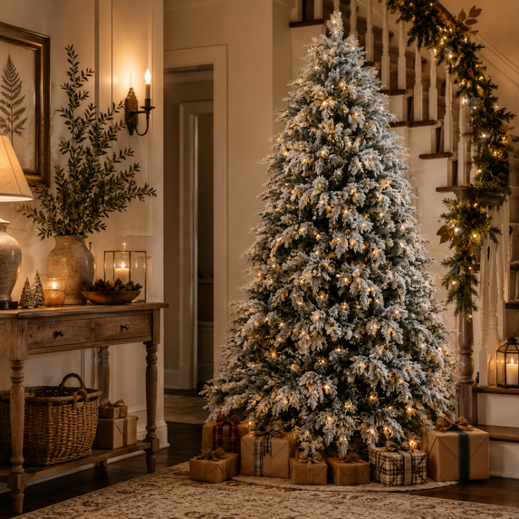 Aufeile 6FT Pre-Lit Flocked Christmas Tree, PE Mixed Artificial Christmas Tree with 1,120 Tips, 300 Warm White LED Lights, Snow Flocked Cypress Xmas Tree for Indoor Holiday Decor