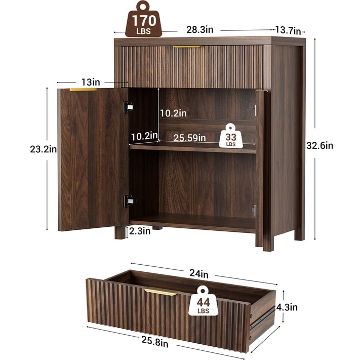 Aufeile 85" W Sideboard Buffet Cabinet with Storage Drawers, Set of 3 Fluted Accent Cabinet with Adjustable Shelves, Modular Storage Cabinet for Dining Room, Kitchen, Living Room, Walnut