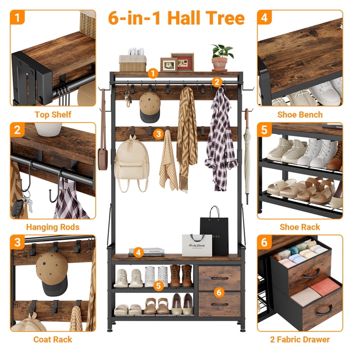 Aufeile 6-in-1 Hall Tree with Bench, Wide Entryway Bench with Shoe Storage, 24 Hooks, 2 Drawers, Hanging Rod & Shelf, Heavy Duty Coat Rack for Hallway, Living Room, Rustic Brown