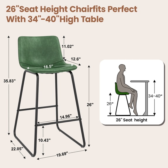 Aufeile 26" Counter Height Bar Stools Set of 2 – Modern Faux Leather Barstools with Back & Metal Legs, Kitchen Bar Chairs for Island, Dining Room, Green