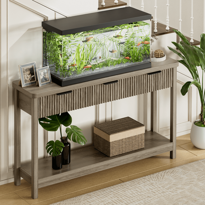 Aufeile 51" Console Table for Entryway, Fluted Entryway Table with 3 Storage Drawers and Open Shelf, Narrow Couch Sofa Table for Living Room Hallway Entrance Foyer, Gray Oak