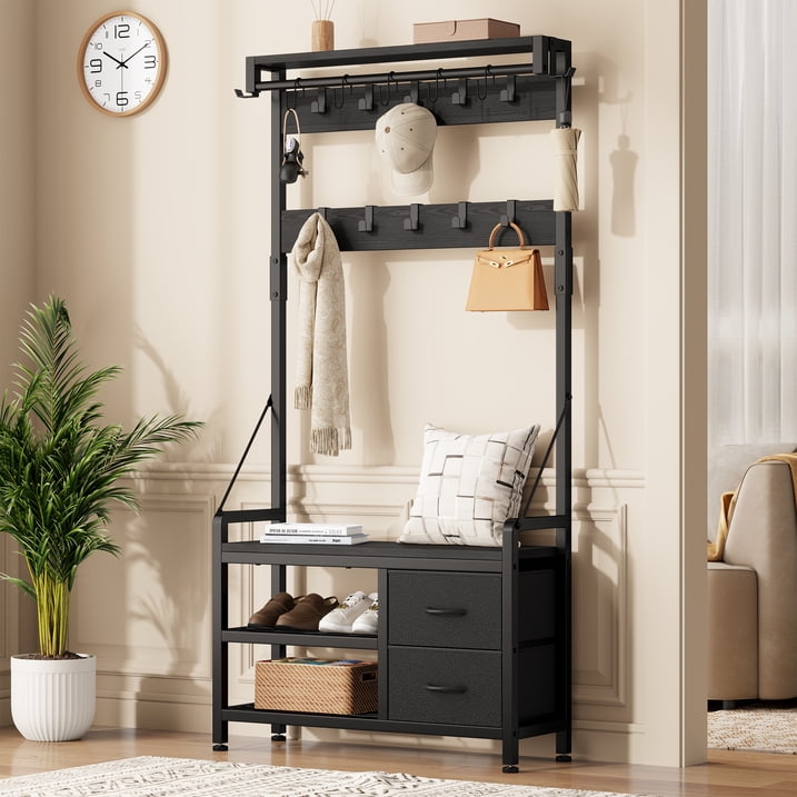 Aufeile Hall Tree with Bench, 6-in-1 Entryway Storage Organizer with Shoe Rack, 17 Hooks, 2 Drawers, Hanging Rod & Top Shelf, Industrial Coat Rack for Hallway, Living Room, Black