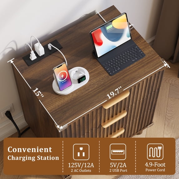Aufeile 3 Drawer Nightstand with Charging Station, Modern Wood Night Stand for Bedroom, Bedside Table with Wave Panel, Wood Sofa Side End Table for Bedroom, Living Room, Walnut