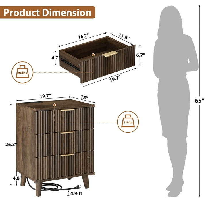 Aufeile 3 Piece Dresser and Nightstand Set for Bedroom, Boho 6 Drawer Dresser & Nightstands Set of 2 with 3 Drawers & USB Charging, Fluted Wood Storage Cabine, Modern Bedroom Furniture Set, Walnut