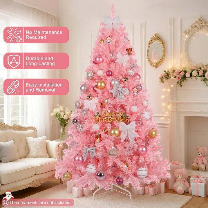 Aufelie Pink Christmas Tree, 6ft unlit Christmas Tree W/ 800 Hinged Branch Tips, Premium Spruce Artificial Xmas Tree with Folding Metal Stand, for Indoor/Outdoor Holiday Decoration