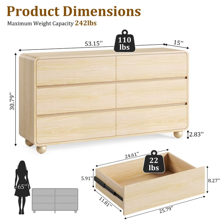 Aufeile Dresser for Bedroom, 6 Drawer Dresser & Chest of Drawers, 53" Modern Chest of Drawers with Curved Profile Design, Wood Dresser Storage Organizer for Adults, Natural Oak