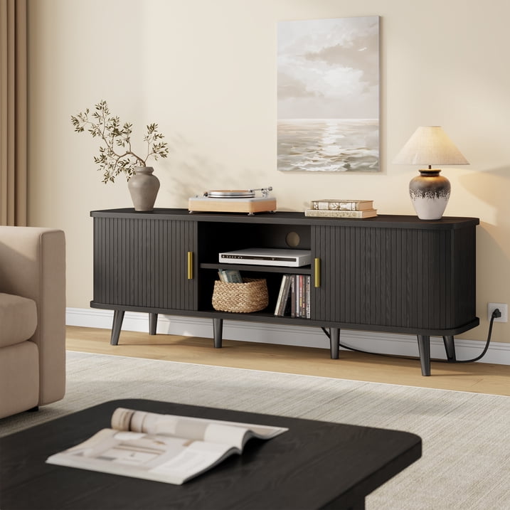 Aufeile TV Stand for 65 Inch TV, 59" Modern TV Stand with Power Outlet, Entertainment Center for Living Room, Fluted TV Console & Mueble Para TV with 2 Sliding Tambour Doors, Black