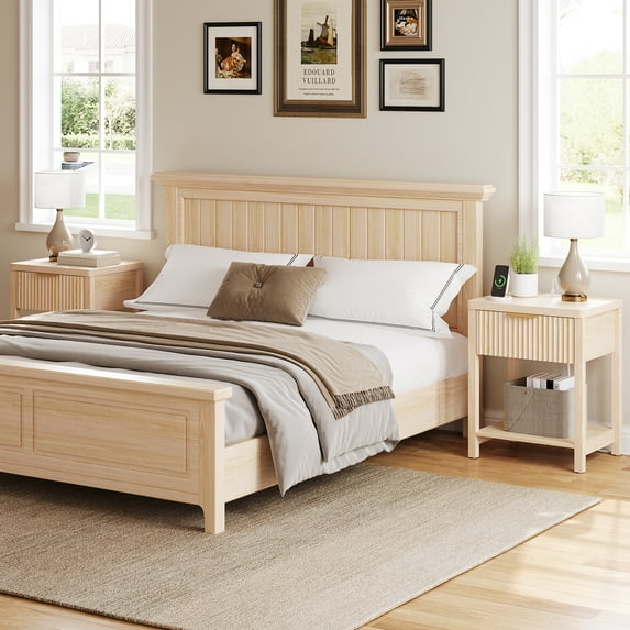Aufeile Fluted Nightstand with Charging Station, Modern Bedside Table with Drawer & Open Shelf, End Table with 2 AC Outlets, USB & Type-C Ports for Bedroom or Living Room, Natural
