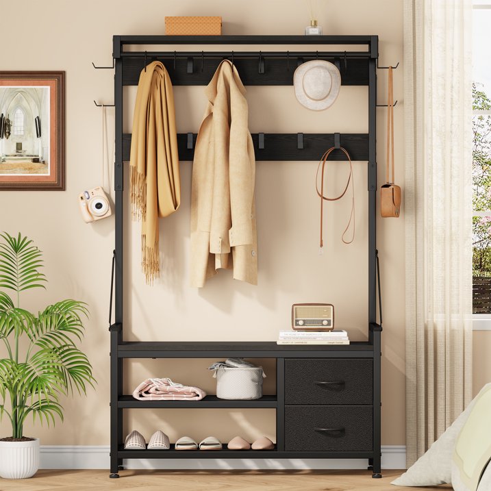 Aufeile 6-in-1 Hall Tree with Bench, Wide Entryway Bench with Shoe Storage, 24 Hooks, 2 Drawers, Hanging Rod & Shelf, Heavy Duty Coat Rack for Hallway, Living Room, Black