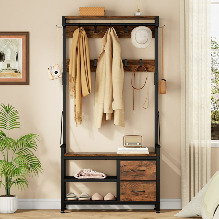 Aufeile Hall Tree with Bench, 6-in-1 Entryway Storage Organizer with Shoe Rack, 17 Hooks, 2 Drawers, Hanging Rod & Top Shelf, Industrial Coat Rack for Hallway, Living Room, Brown
