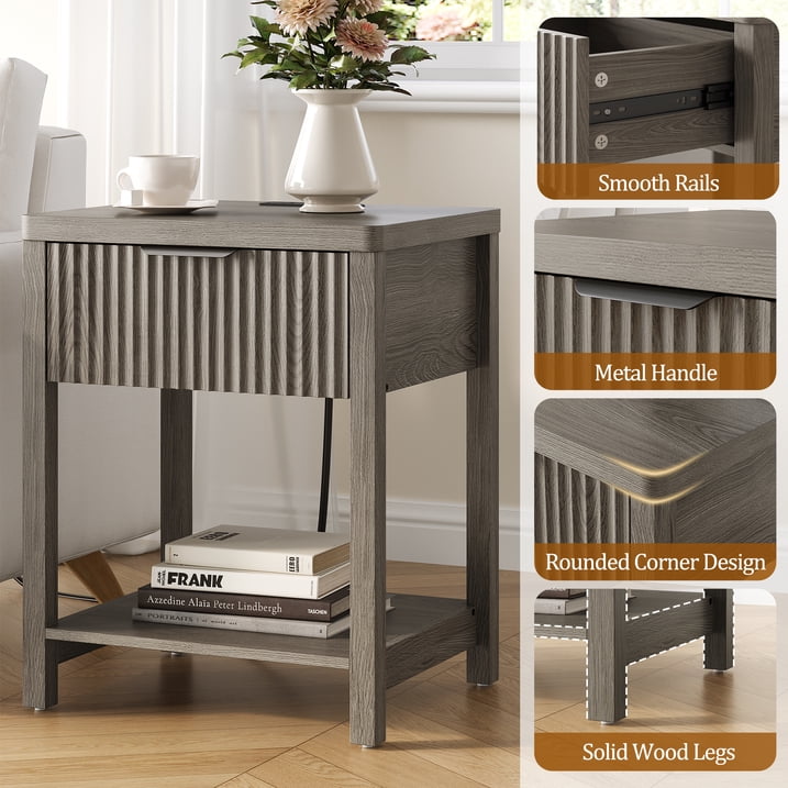 Aufeile 3 Piece Dresser and Nightstand Set for Bedroom, Boho 6 Drawer Dresser & 2 Nightstands with USB Charging, Fluted Wood Storage Cabine, Modern Bedroom Furniture Set, Dark Grey Oak