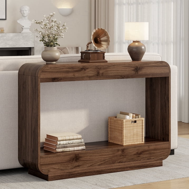 Aufeile 43" Entryway Table, Curved Console Table for Entryway, 2-Tier Wood Sofa Table with Open Storage Shelves Behind the Couch, Narrow Entry Table for Hallway Entrance Foyer, Walnut