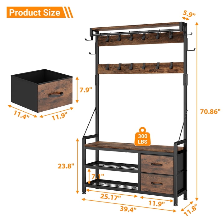 Aufeile 6-in-1 Hall Tree with Bench, Wide Entryway Bench with Shoe Storage, 24 Hooks, 2 Drawers, Hanging Rod & Shelf, Heavy Duty Coat Rack for Hallway, Living Room, Rustic Brown