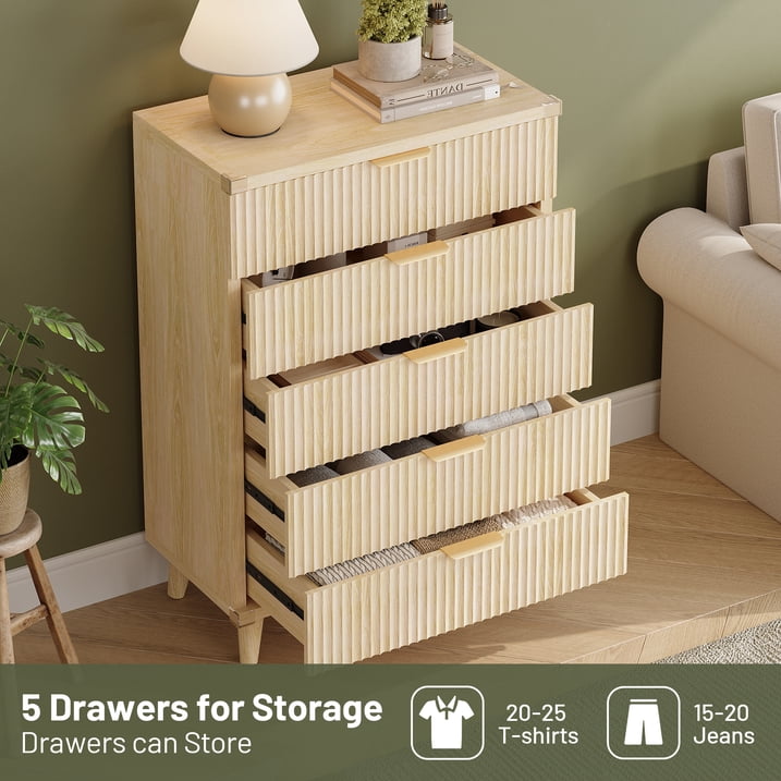 Aufeile 4 Piece Boho Dresser Set for Bedroom, 6 Drawer Dresser, 5 Drawer Tall Dresser & 2 Nightstands with & USB Charging, Fluted Wood Bedroom Furniture Set, Natural